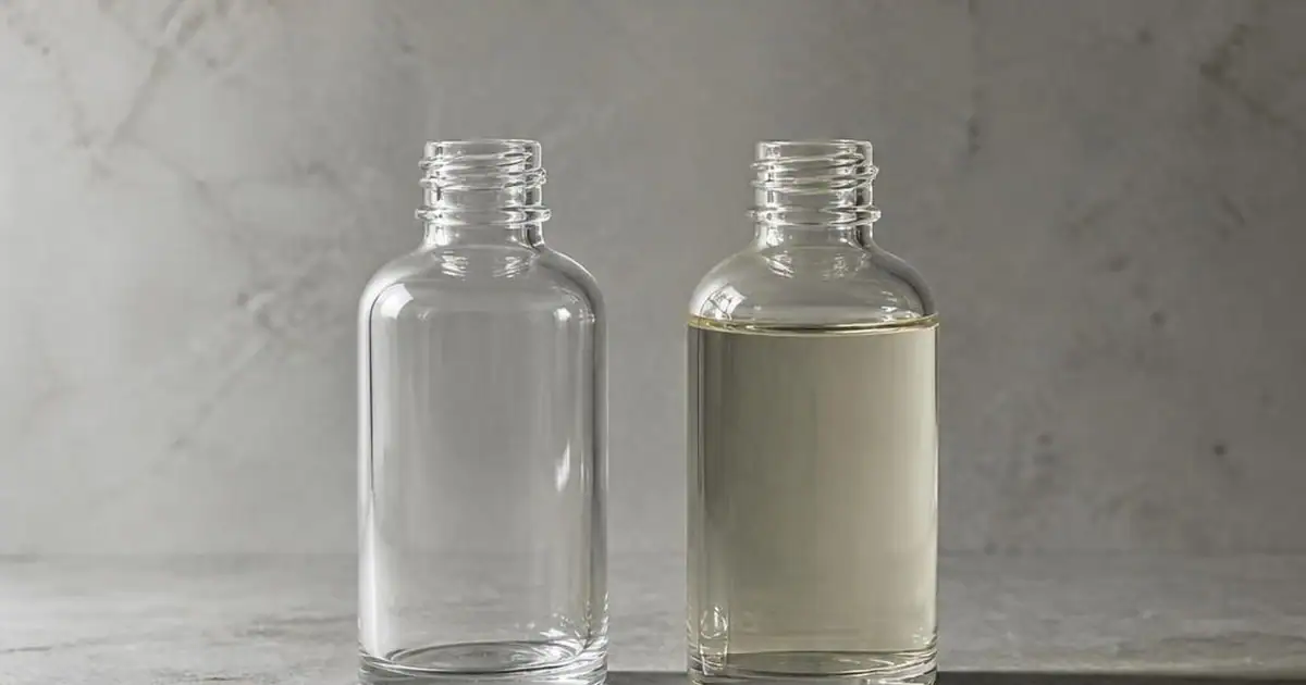 Two unlabelled small bottles on a cool grey surface, one empty and clear, one holding pale liquid