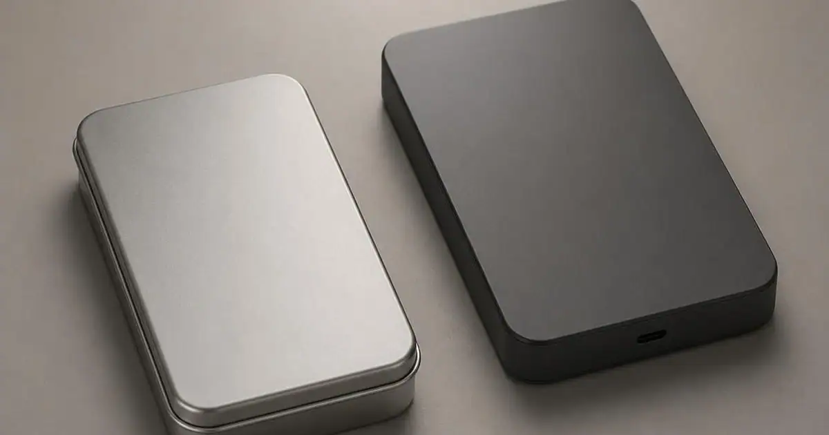 A slim unmarked tin and a generic device side by side on a neutral surface