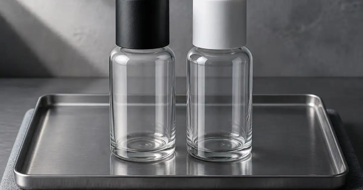 Two unlabelled bottles with black and white caps on a brushed steel tray under raking light