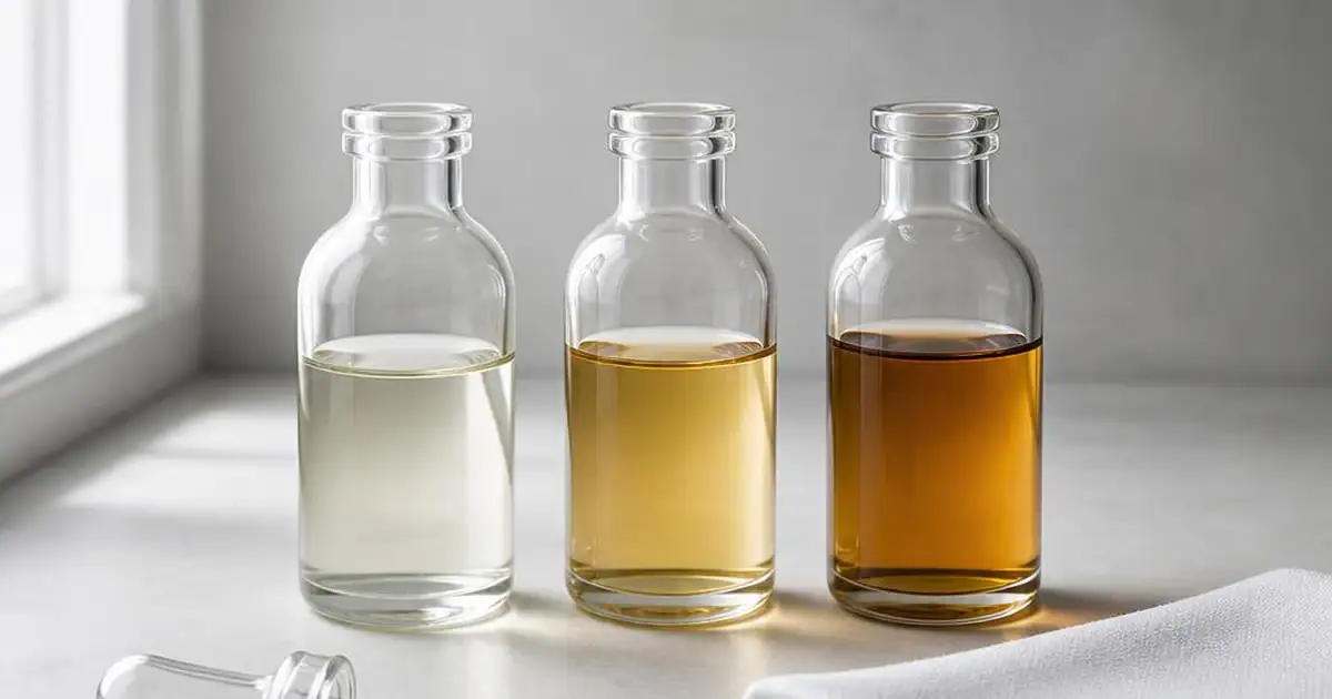 Three unlabelled bottles with liquid deepening from clear to amber beside a glass dropper