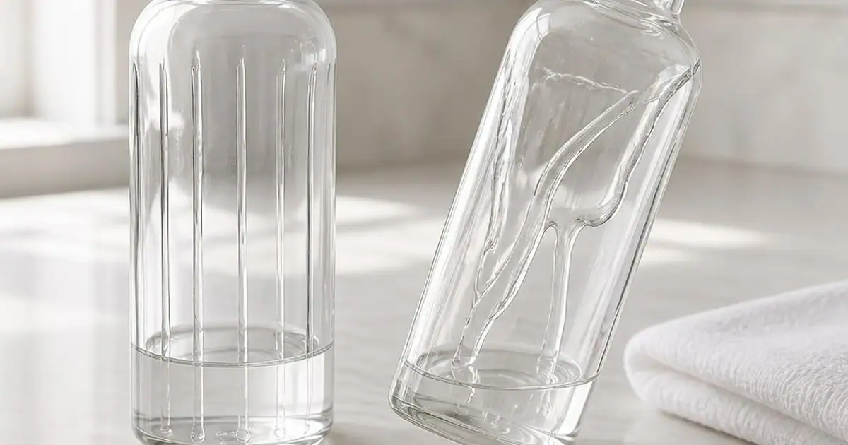 Two unlabelled bottles of clear liquid beside a glass rod showing different flow on a pale counter