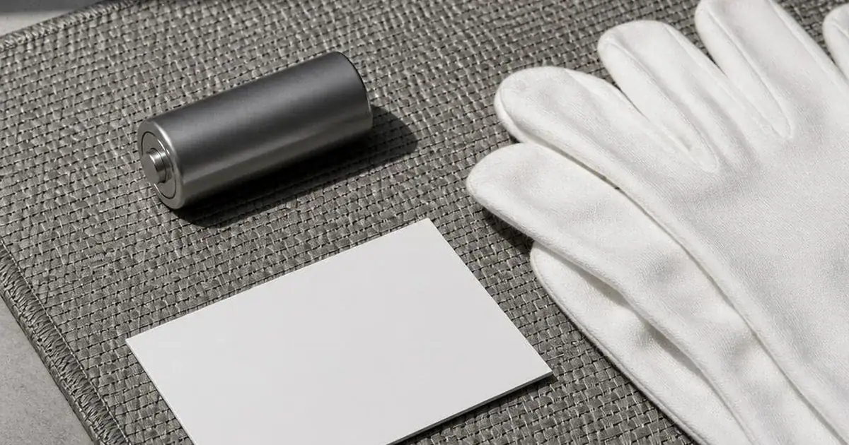 An unmarked cylindrical battery resting on a fireproof mat beside a blank card