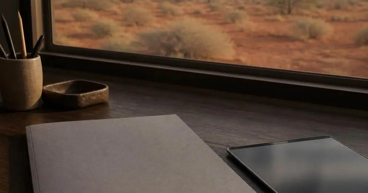 A plain grey document folder and a generic device on a desk with a blurred red-earth horizon beyond the window