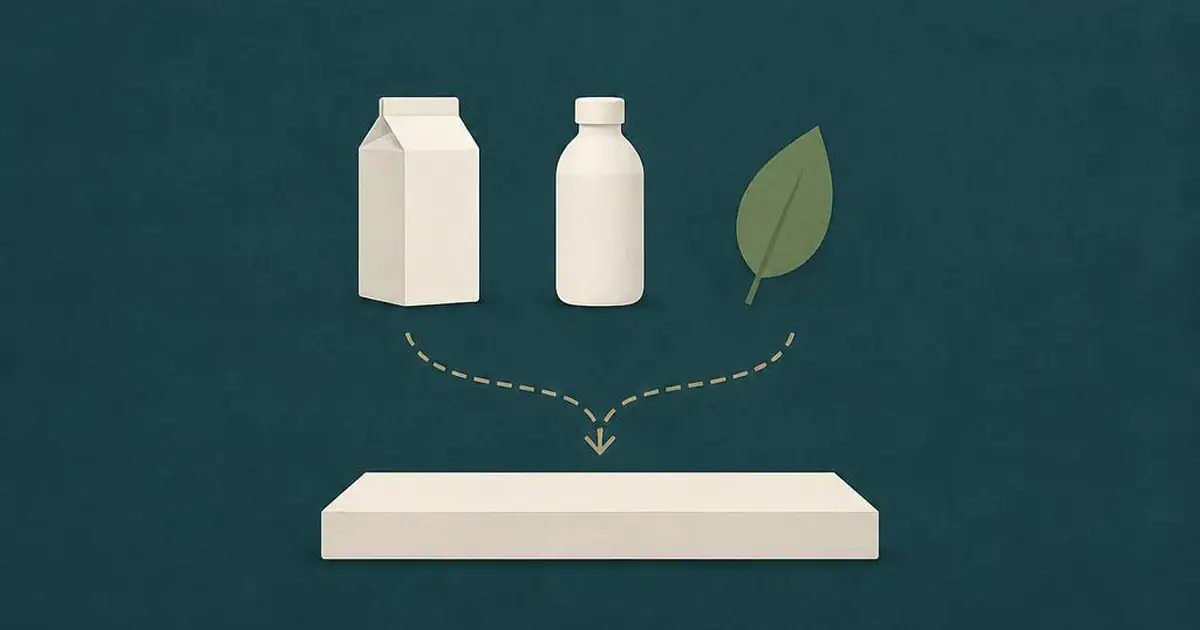 Flat-vector illustration of a plain carton, an unlabelled bottle and a leaf above a pharmacy counter, representing the pharmacy-only supply pathway for vape liquid in Australia