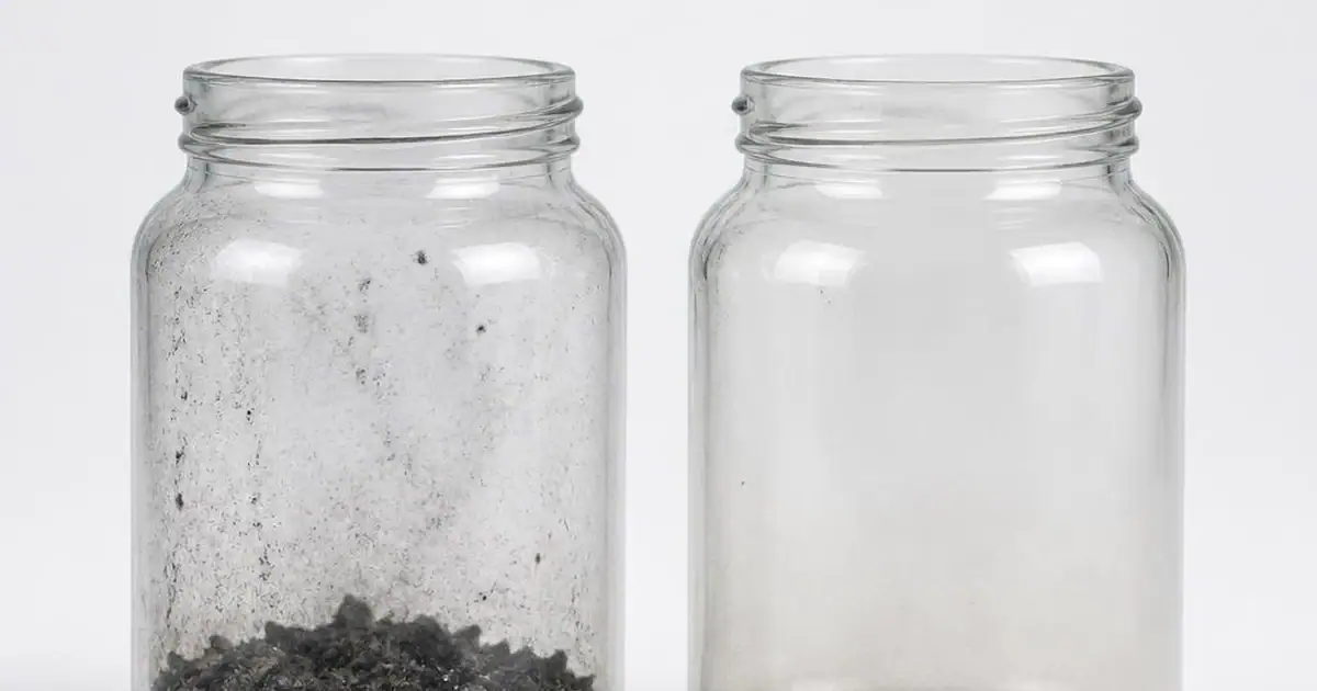 Two plain clear jars, one holding dark combustion residue and one holding light translucent haze
