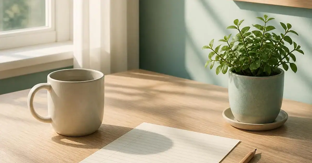 A ceramic mug, a blank paper tracking sheet and a pen on a sunlit desk beside a small green plant