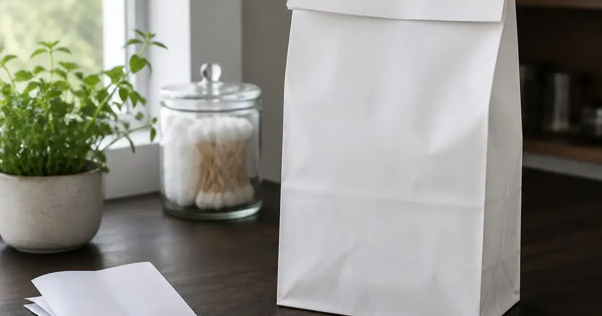 A plain pharmacy paper bag and a blank shopping list on a dark wooden counter beside a small plant