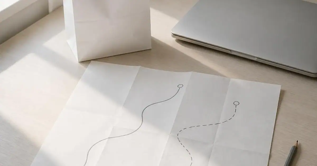 A blank paper map with two marked routes beside a pharmacy paper bag and a closed laptop