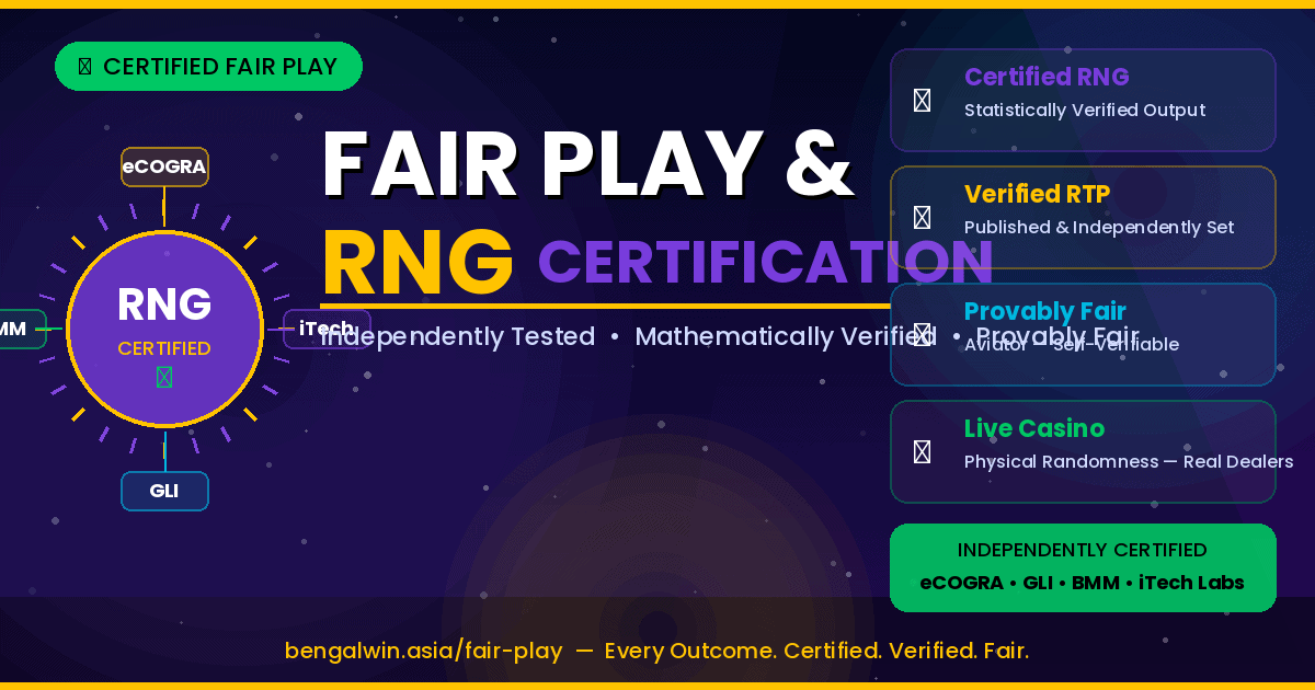 Bengalwin Fair Play and RNG Certification — independently tested and verified by eCOGRA, GLI, BMM and iTech Labs for provably fair casino games in Bangladesh