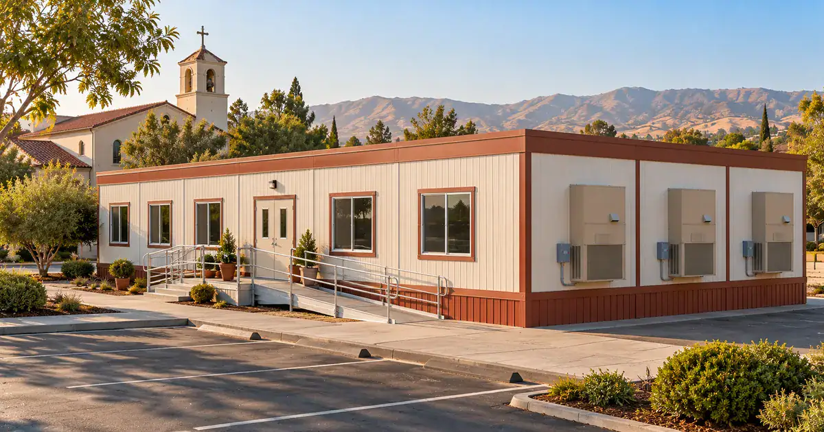 California church modular building: a 36x40 triple-wide fellowship hall and Sunday school building on a Southern California church campus, with an ADA ramp and three wall-mount HVAC units