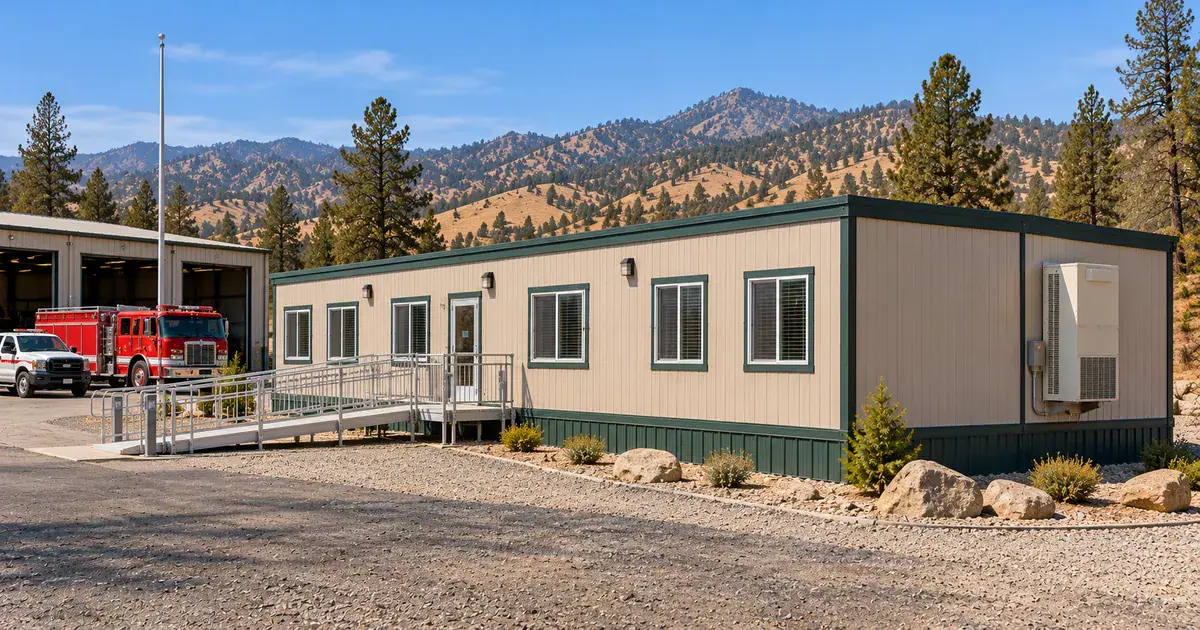 California government modular office building: a 24x60 double-wide admin office at a state fire station in the Sierra foothills, with an ADA ramp and a wall-mount HVAC unit