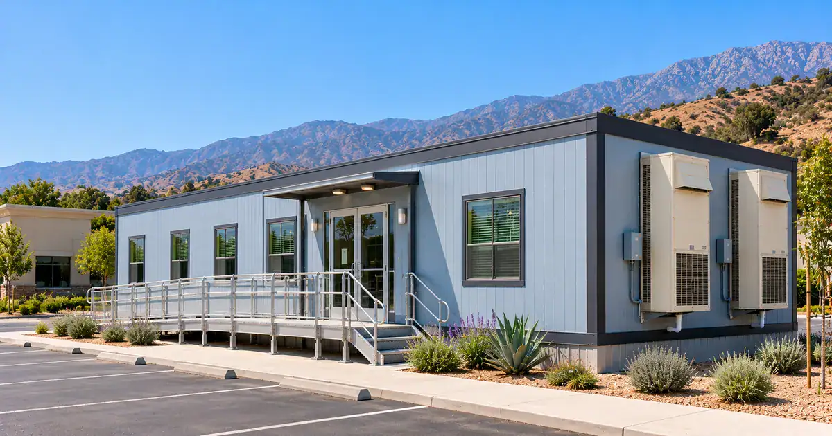 Blue modular building with a wheelchair ramp in a paved lot, mountains in the background and desert landscaping nearby.