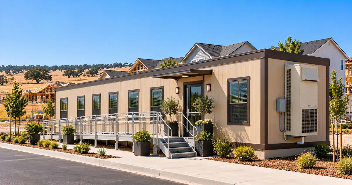 Sales office trailers california – modular sales office at a new Sacramento-area housing development