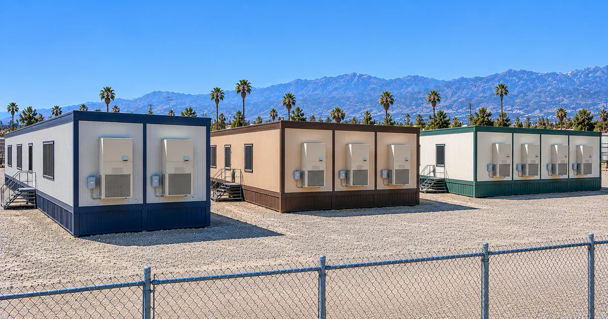 Stock modular buildings in California: a 24x60 double-wide, 36x60 triple-wide and 48x60 4-wide set up on a display lot, each with one wall-mount HVAC unit per module