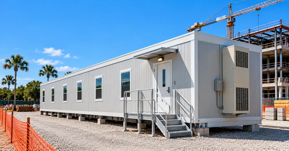 White modular building on stilts with a metal staircase leading to a door, at a construction site under a blue sky with a crane in the background.