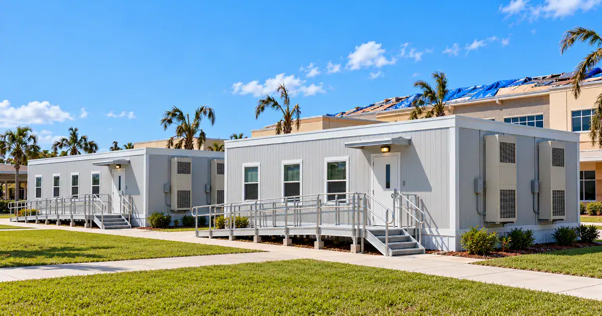 Florida disaster response modular buildings – relocatable classrooms on a school campus during hurricane repairs