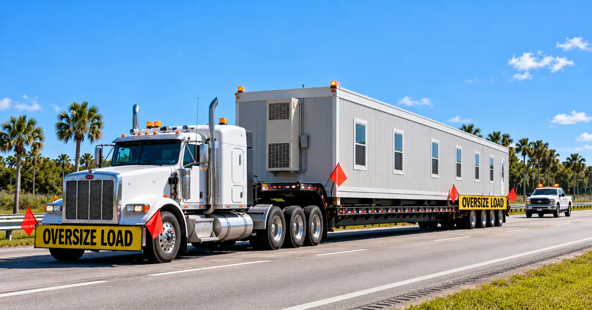 Florida modular building transport permits – oversize modular load with escort vehicle on a Florida highway