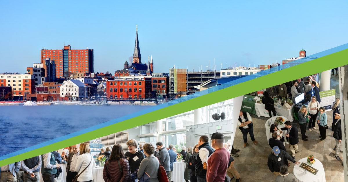 Image with city of Portland, Maine on one side and a green and blue divider with people networking on the other side