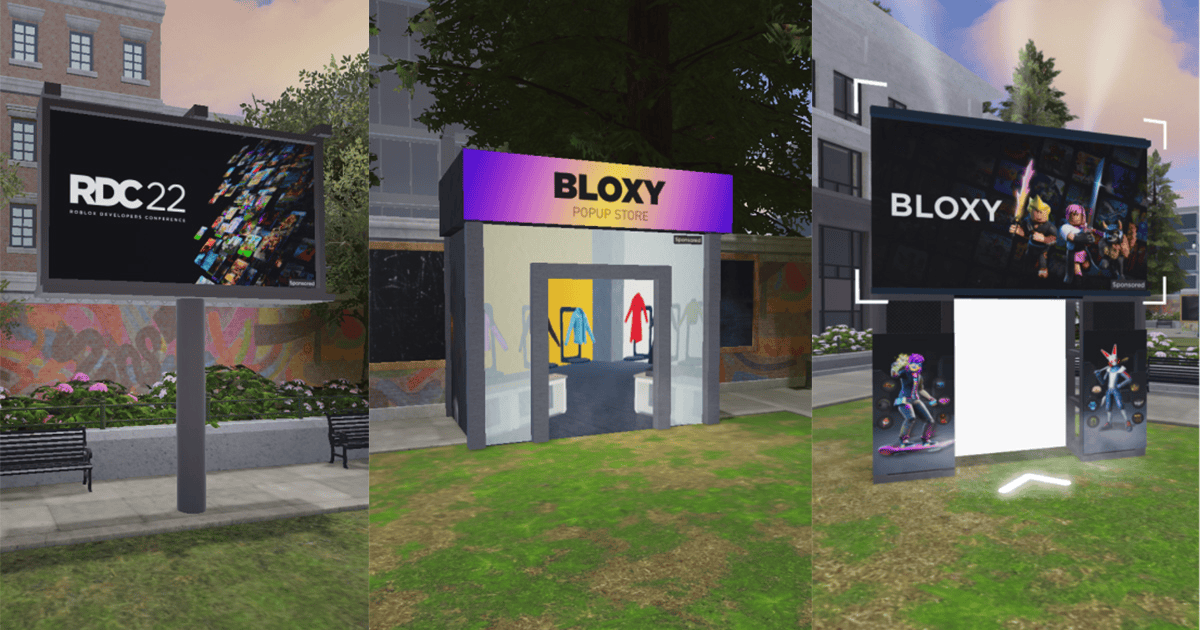 Roblox started exploring dynamic billboards in its metaverse (Source: ADWEEK) A screenshot showing dynamic billboards in the Roblox metaverse