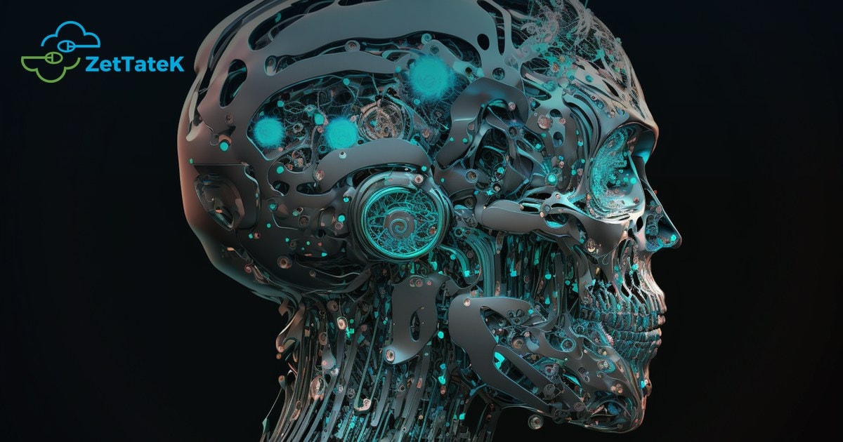 Cabeza robótica con circuitos y luces turquesa, que representa un agente de inteligencia artificial que decide y actúa