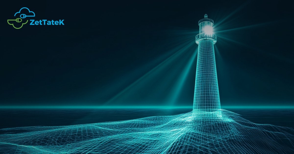 Un faro dibujado con líneas de luz ilumina un mar oscuro en la noche