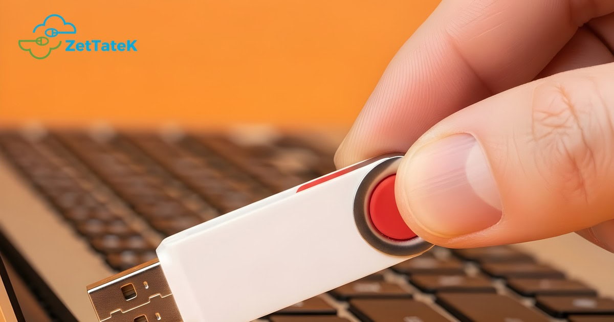 Mano a punto de pulsar el boton de una llave de seguridad USB conectada a un portatil