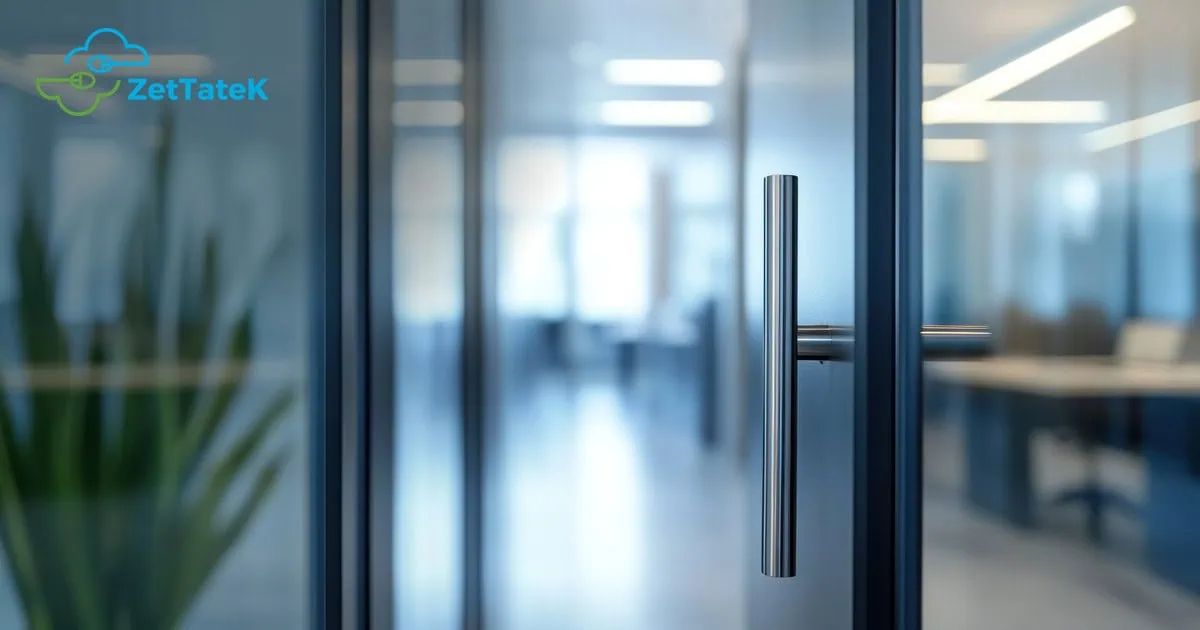 Puerta de cristal de una oficina con el picaporte en primer plano y el interior desenfocado