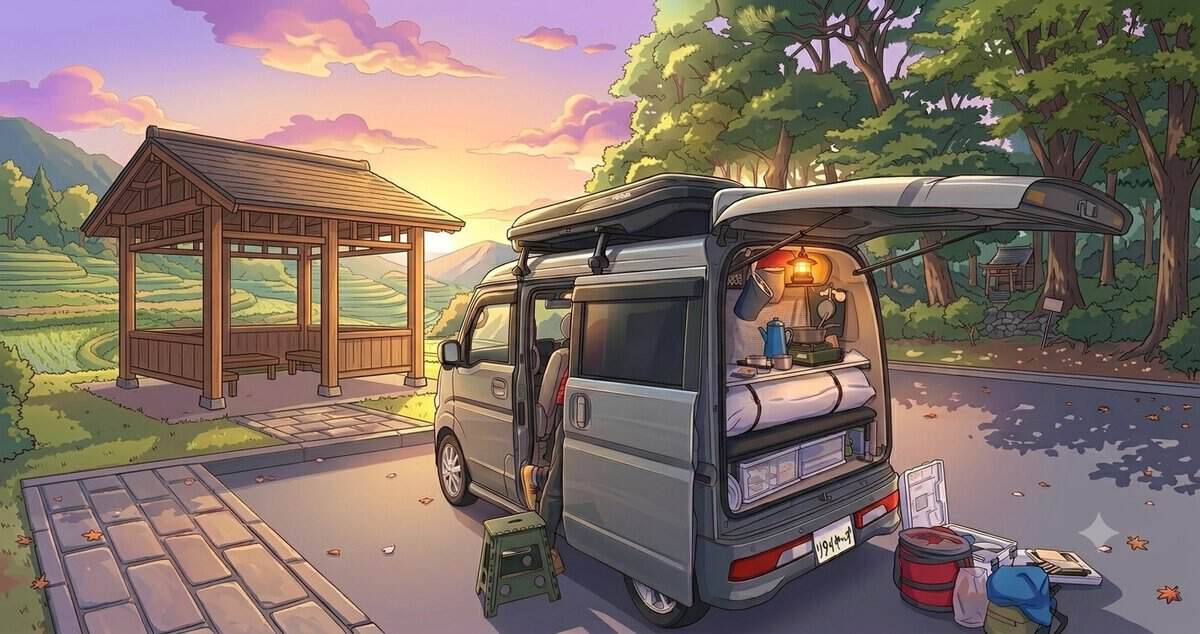 車中泊の準備をしている様子