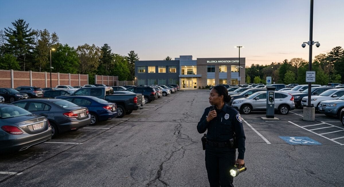Hub guard patrolling a parking area at dusk in Middleton MA