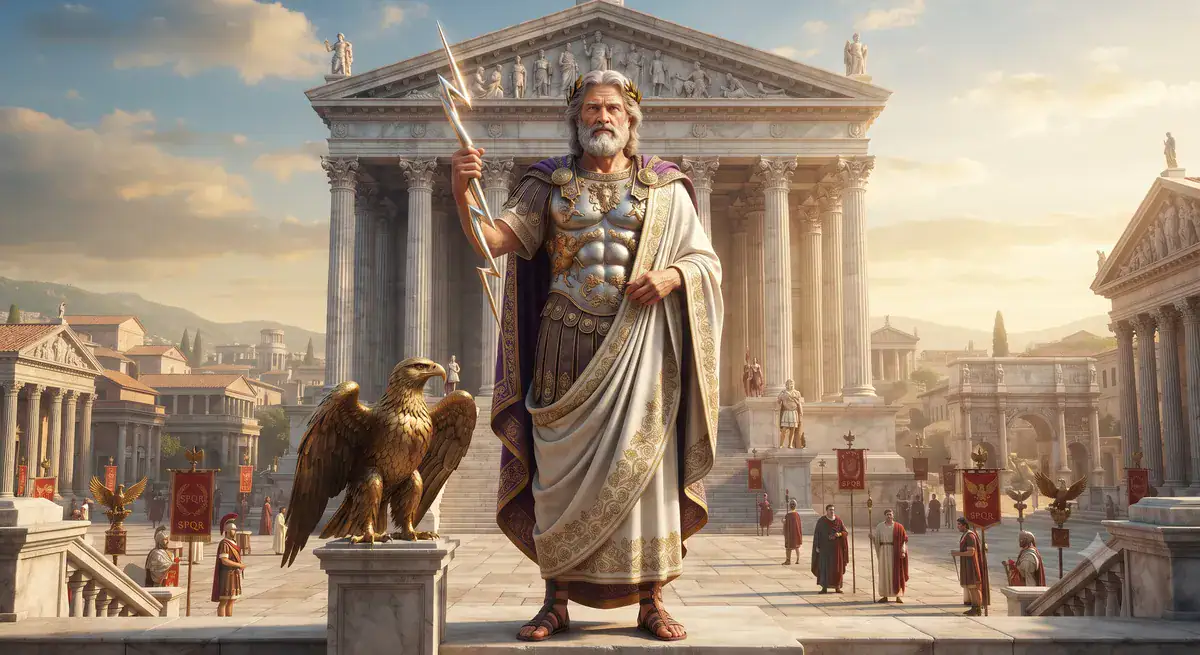 Юпитер с молнией стоит у римского храма рядом с орлом и знаменами SPQR