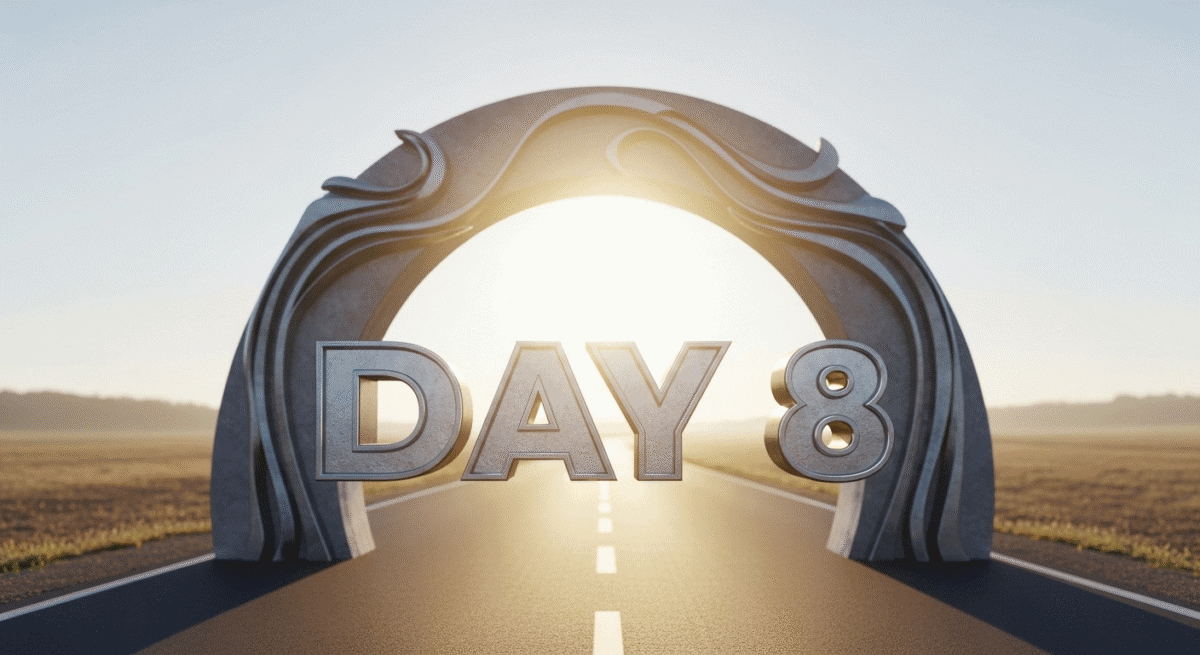 かっこいい立体的な"Day 8"の文字が中央に配置してある。朝の早朝の清々しく光りが眩い長く続くランニングロードとゴールのようなアーチ状のアーティスティックなポイントがほぼ目の前にある背景のイメージ。
