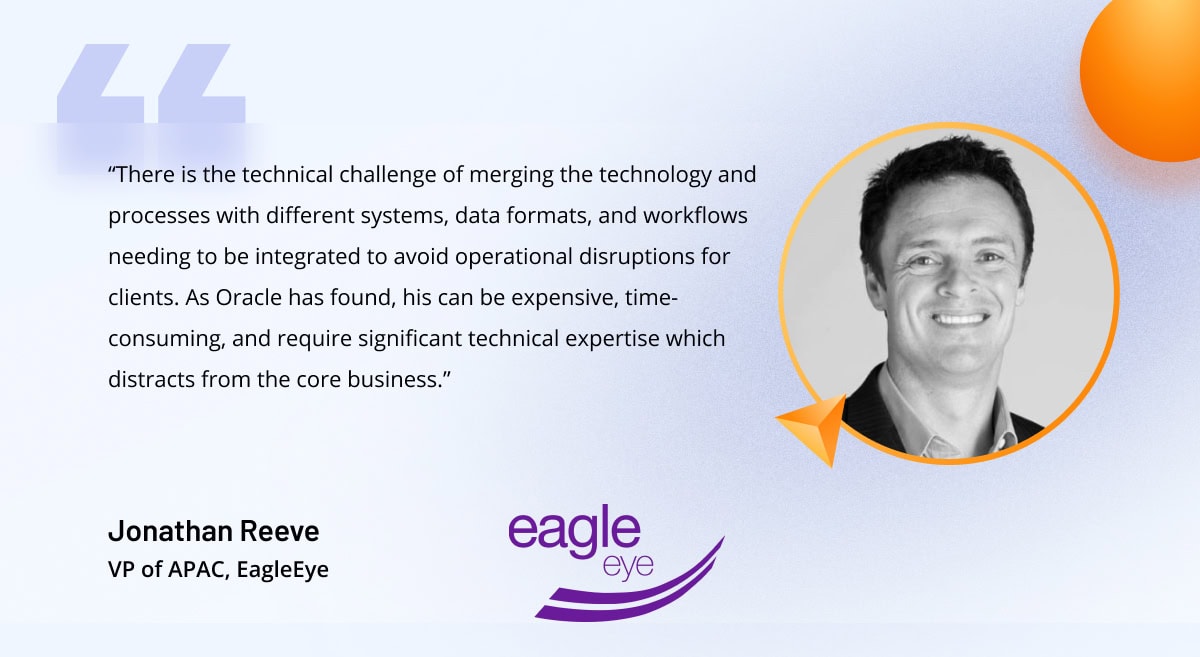 Quote on challenges following Oracle's rapid acquisitions by Jonathan Reeve, VP of APAC at EagleEye Quote on challenges following Oracle's rapid acquisitions by Jonathan Reeve, VP of APAC at EagleEye