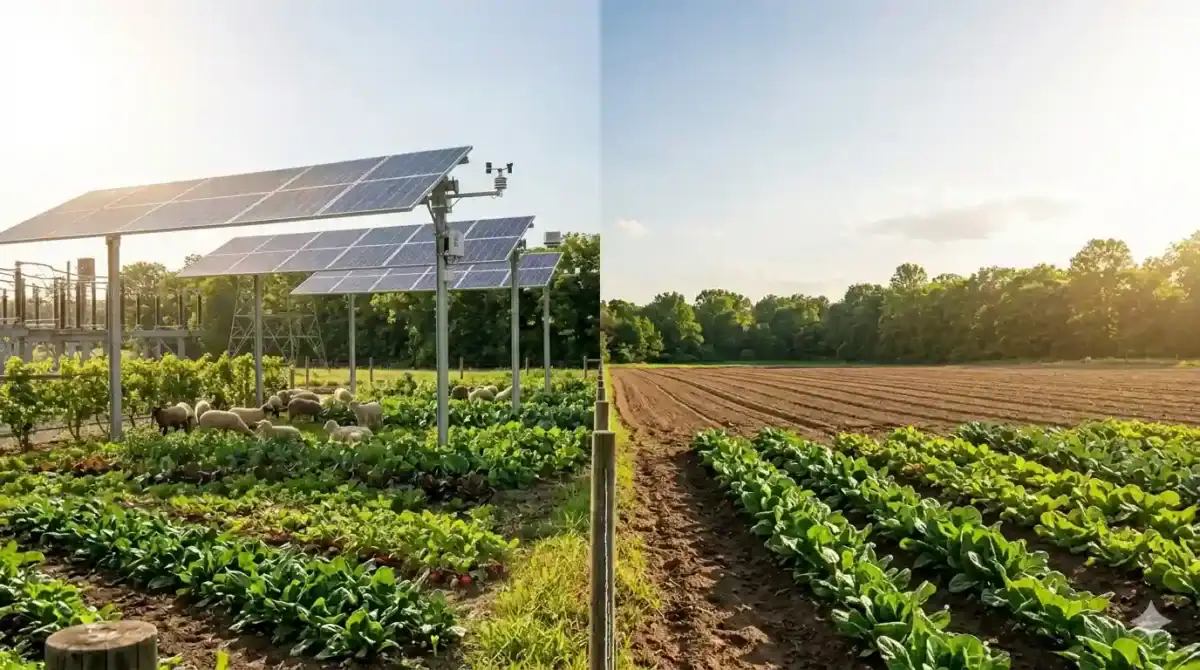 A split-view comparison of a site at year 25 with operational panels and year 26 fully restored to farmland, illustrating if are solar farms worth it based on contract terms.
