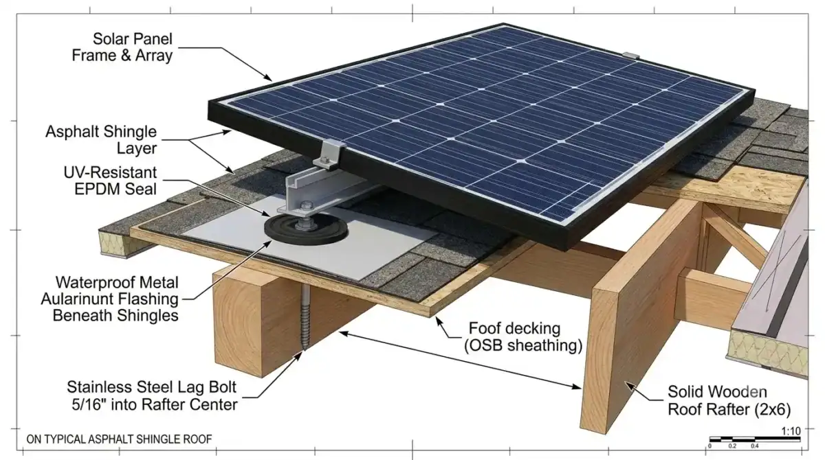 A detailed technical cross-section diagram answering do solar panels cause roof damage, showing a waterproof flashing installation, EPDM seal, and lag bolt secured into a wooden roof rafter.