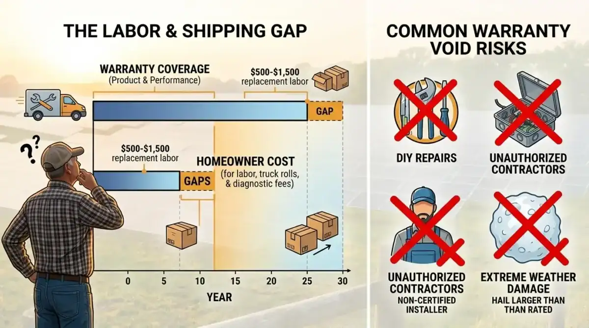 Infographic showing what a solar warranty covers, labor and shipping coverage gaps, and common risks that can void warranty protection.