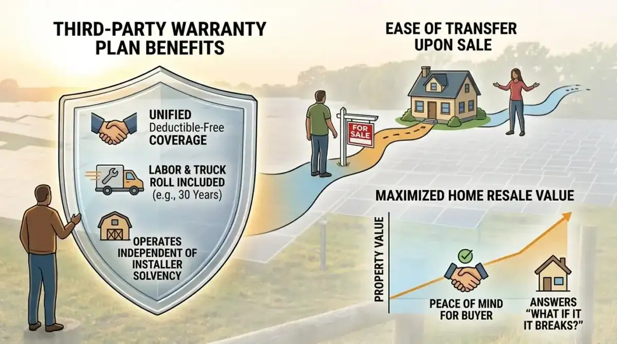 Illustration showing what does a solar warranty covers, including third-party warranty benefits, transferable coverage, and increased home resale value.