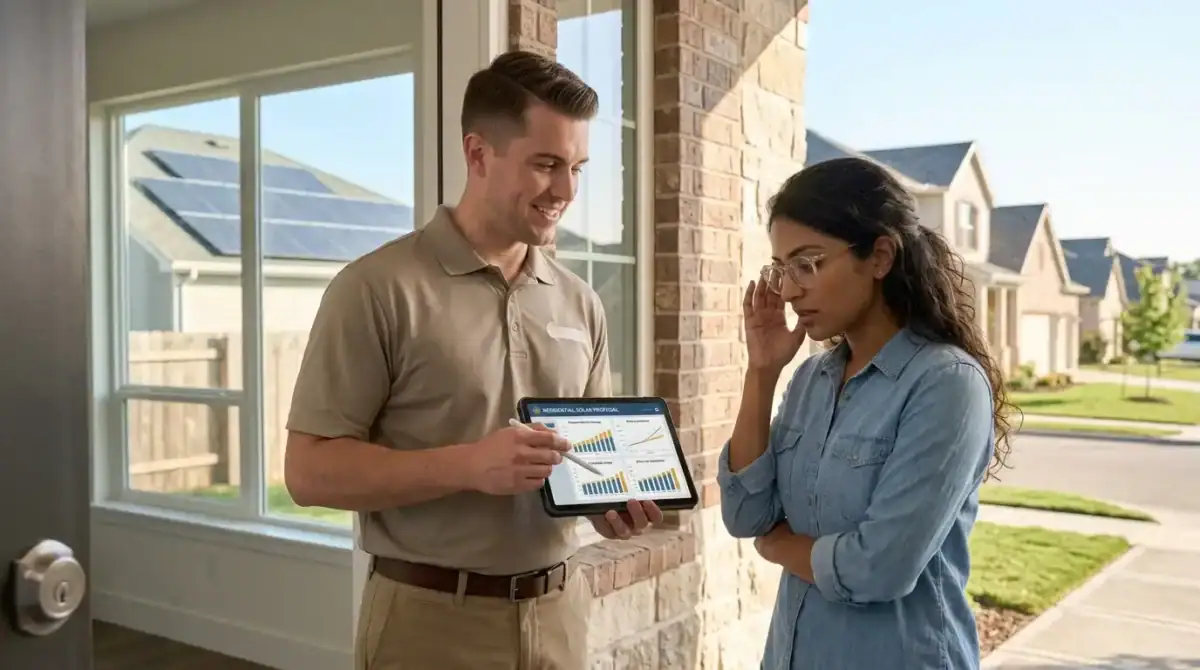 Texas homeowner reviewing a solar contract with a door-to-door solar salesperson