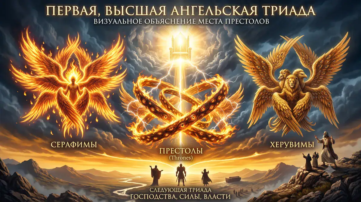 Инфографика первой высшей ангельской триады: Серафимы, Престолы и Херувимы.