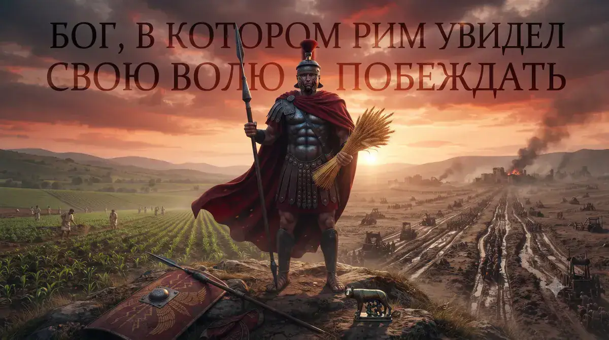 Марс с копьём и колосьями стоит между мирными полями и военной дорогой Рима