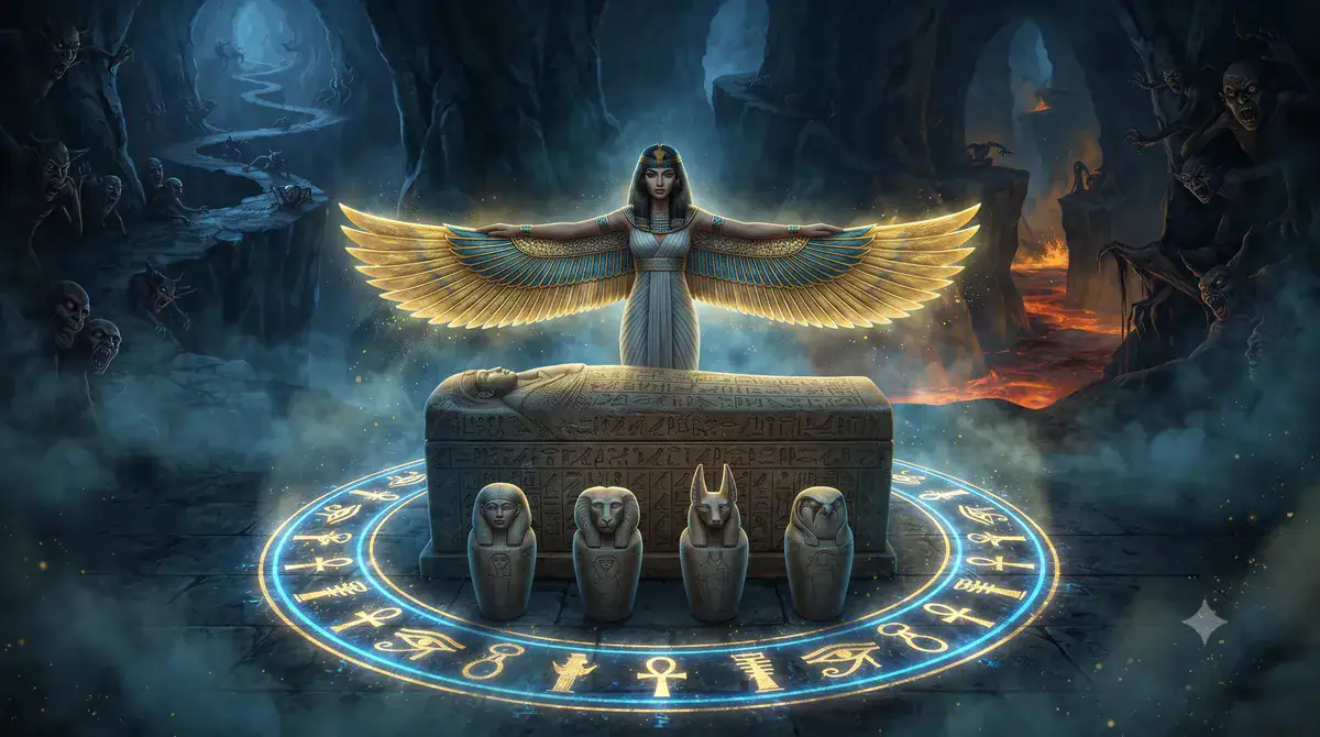 Крылатая Нефтида охраняет саркофаг и канопы в подземном мире