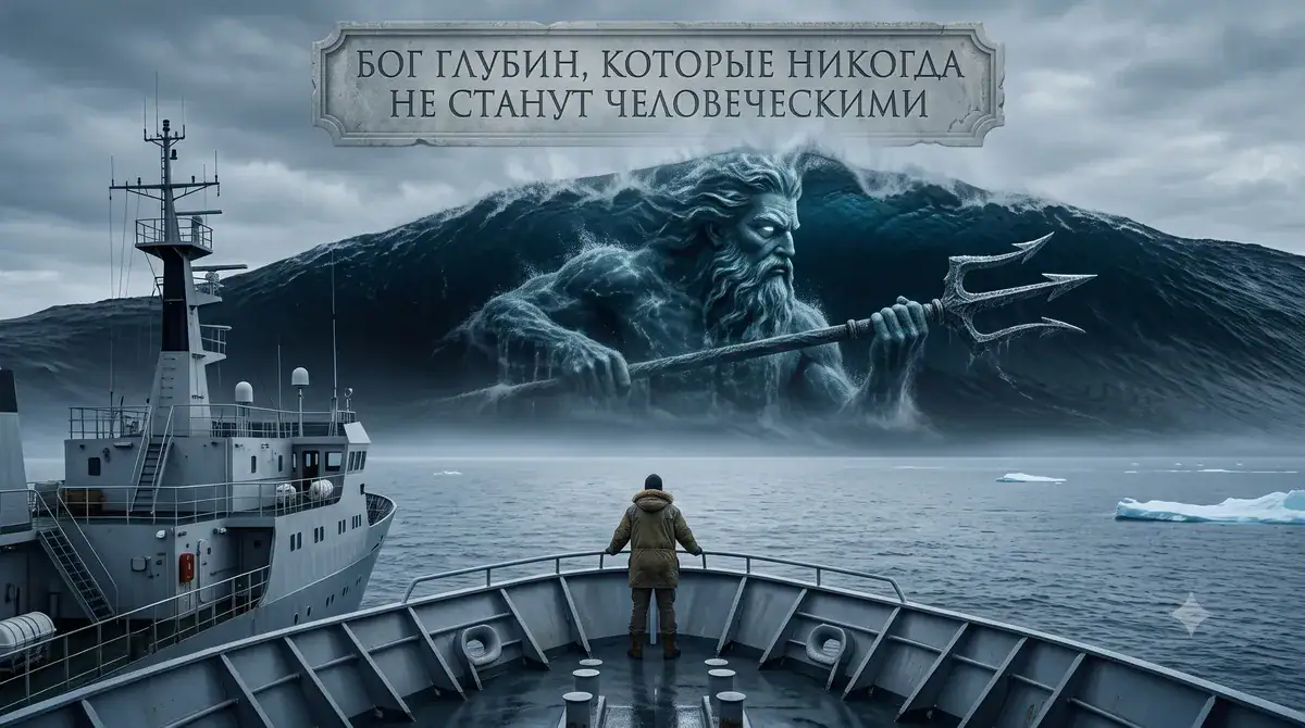 Современный корабль стоит перед гигантской волной с лицом Нептуна и трезубцем