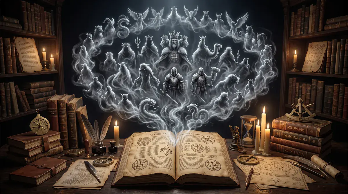 Ars Goetia — 72 духа Соломона над раскрытым гримуаром с магическими печатями.