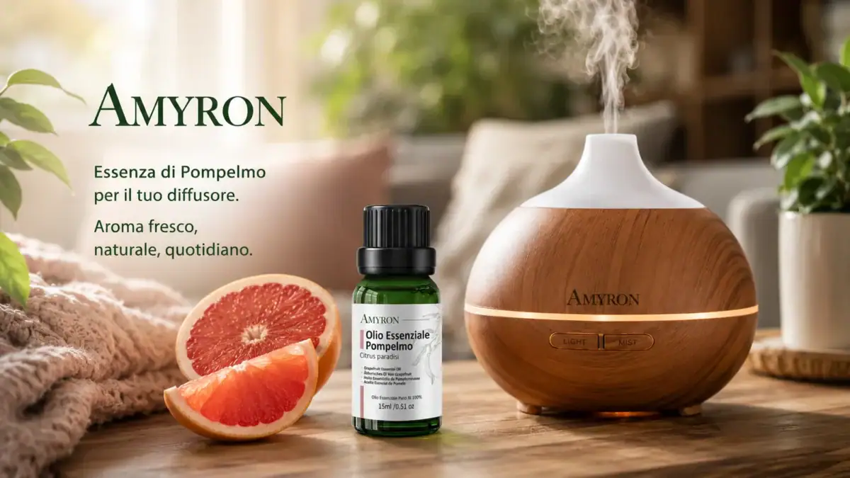 Diffusore per aromaterapia con olio essenziale di pompelmo AMYRON puro 100% in ambiente domestico.
