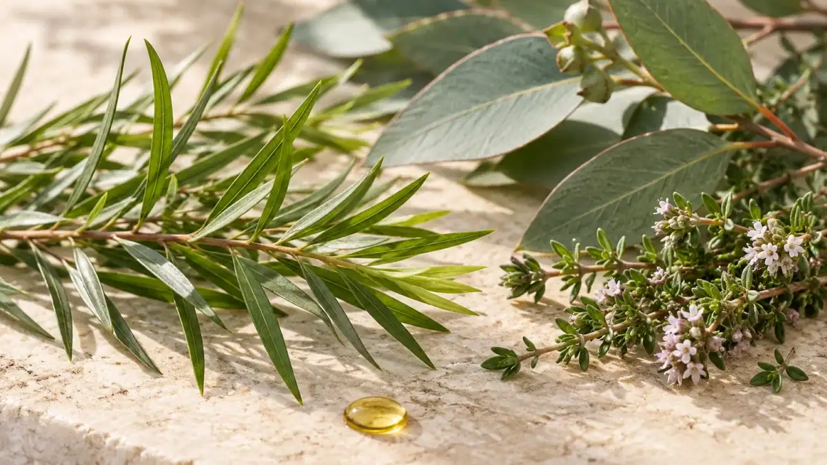 Rametti di tea tree, eucalipto e timo su una superficie chiara, con una goccia d’olio Oli essenziali antibatterici e antivirali