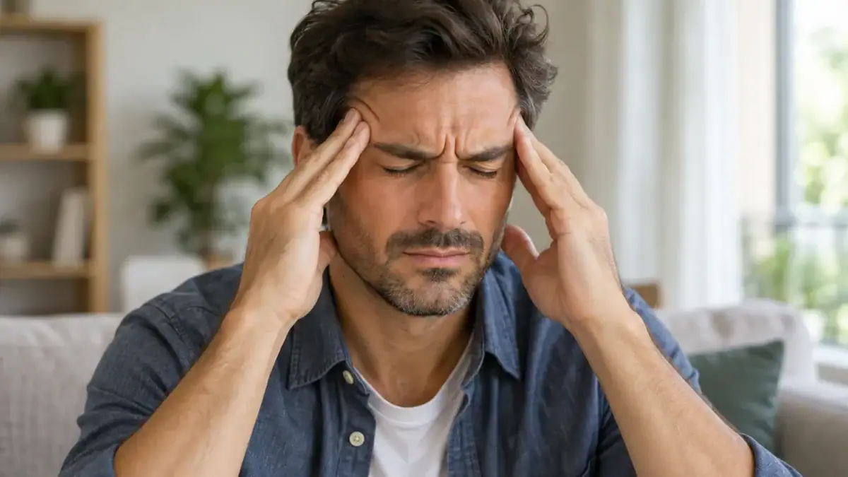 Uomo con gli occhi chiusi che si massaggia le tempie per il mal di testa