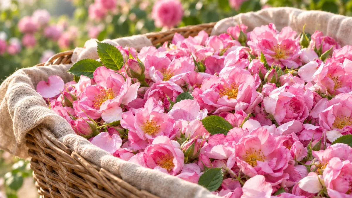 Fiori rosa di Rosa Damascena appena raccolti in un cesto di vimini, con boccioli e foglie verdi