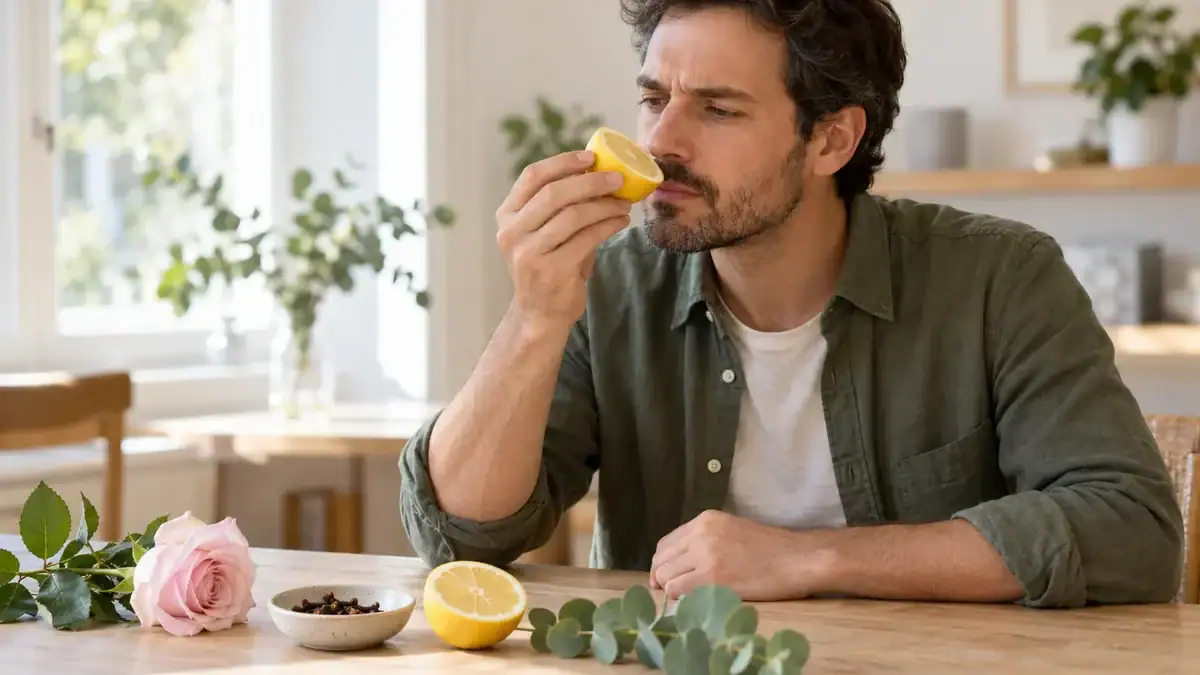 Anosmia cause e rimedi: uomo che prova a riconoscere l’odore di un limone