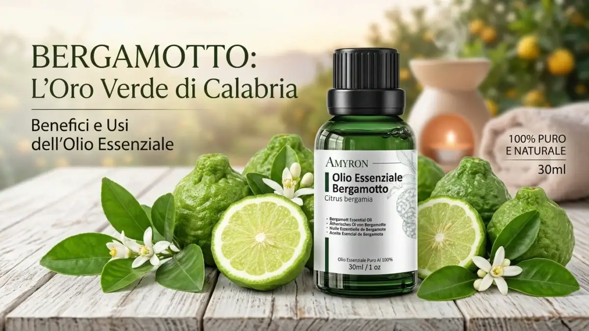 Flacone di olio essenziale di bergamotto con brucia essenze, candela e bergamotti freschi su tavolo in legno