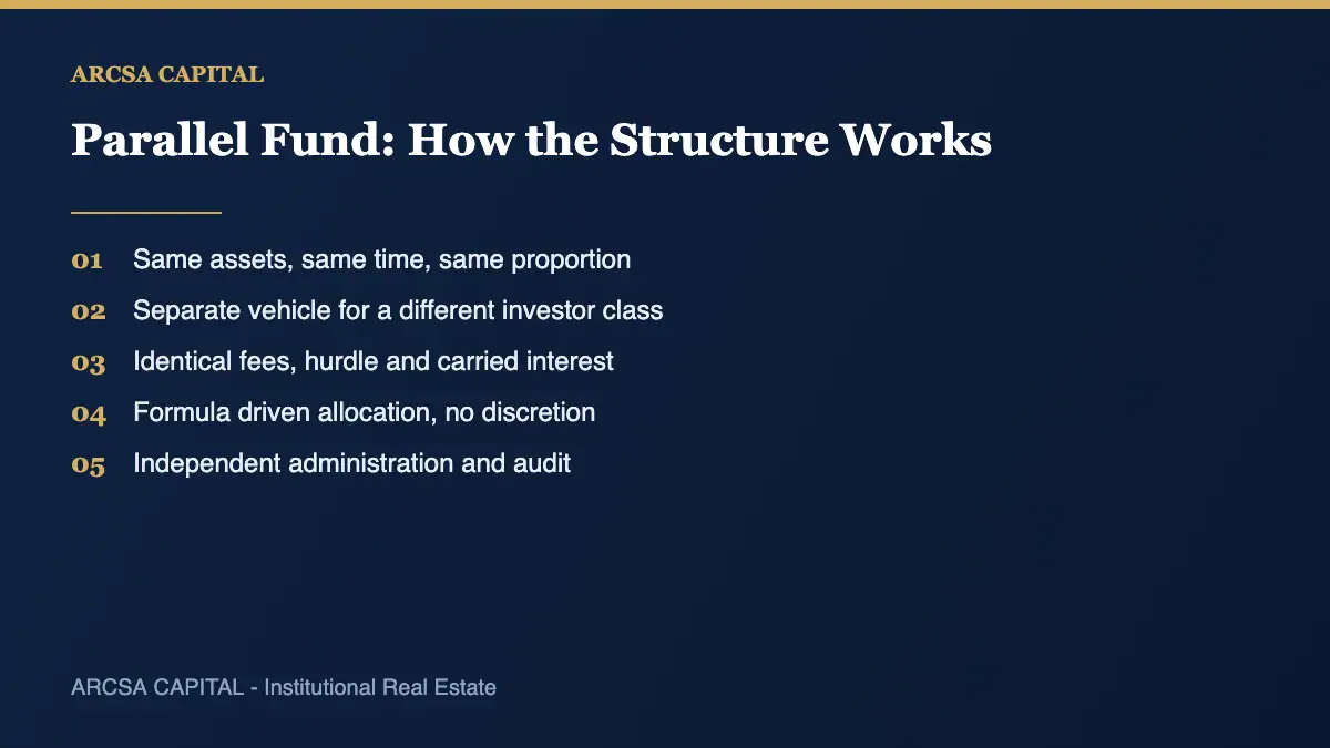 Parallel fund structure diagram showing side by side investment with the main vehicle