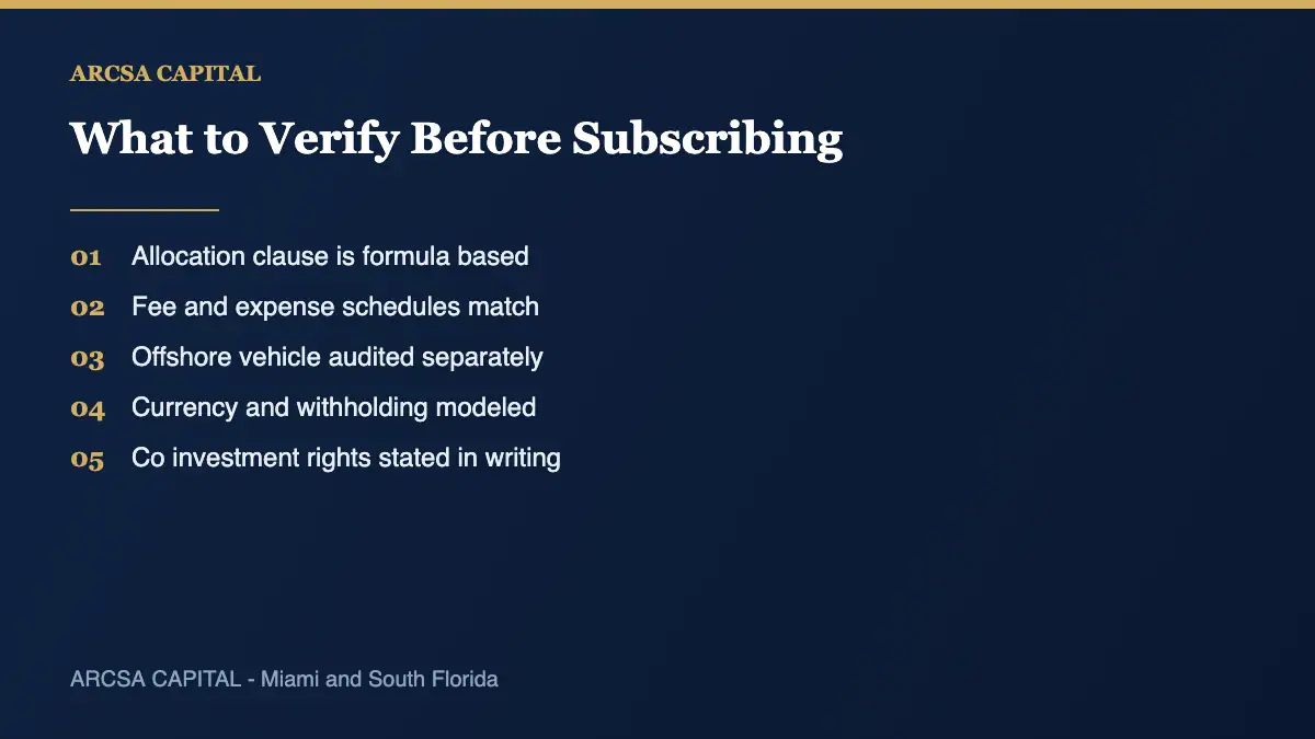 Checklist of items investors verify in a parallel fund before subscribing